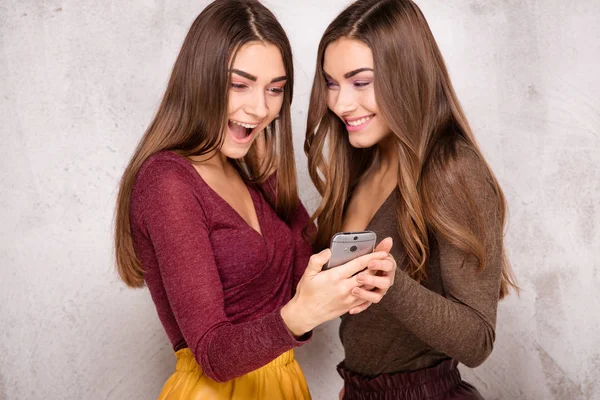 Beautiful young twins using mobile phone. — Stock Photo, Image