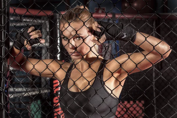 Kadın boksör boks kafesin içinde poz. — Stok fotoğraf