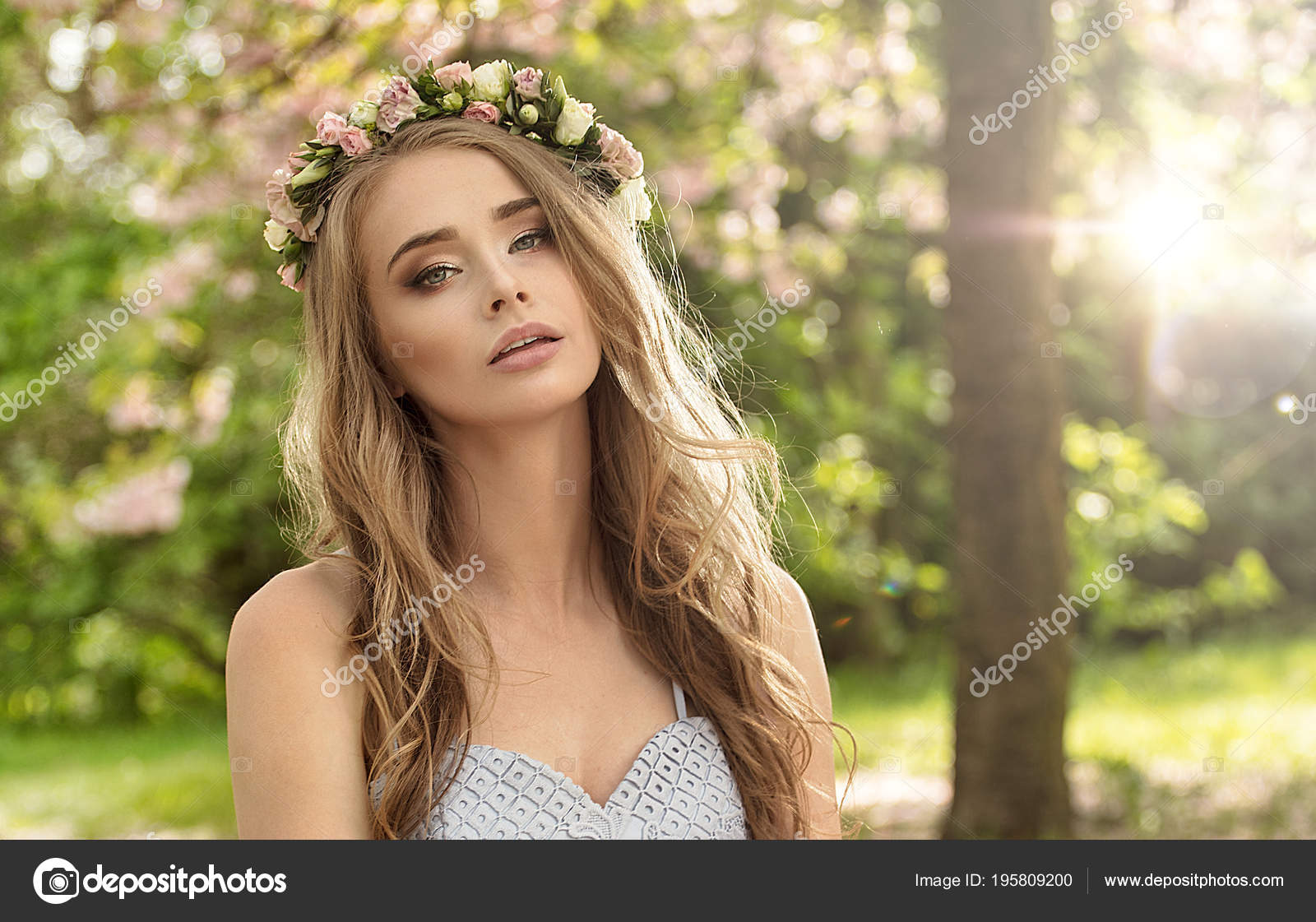 Beautiful Caucasian Blonde Woman Long Hair Flowers Head Relaxing