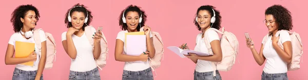 Studentă fericită cu păr afro  . — Fotografie, imagine de stoc