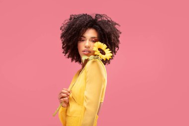 Pembe pastel stüdyo arka planında sarı ayçiçeğiyle poz veren güzel afro kadın. Kadınlar ve anneler günü kavramı. Bahar, yaz hisleri. Kız gücü.