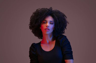 Stüdyoda afro saç modeli olan güzel Afrikalı Amerikalı kadın portresi..