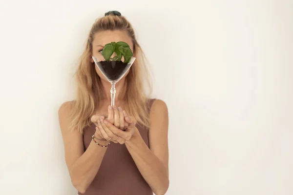 Woman Holding Basil Seedlings Her Hands Planting Conceptual Photo Healthy — Stock Photo, Image