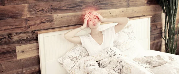 Caucasian Adult Woman Lying Bed Flu Cold Fever Sick Girl — Stock Photo, Image