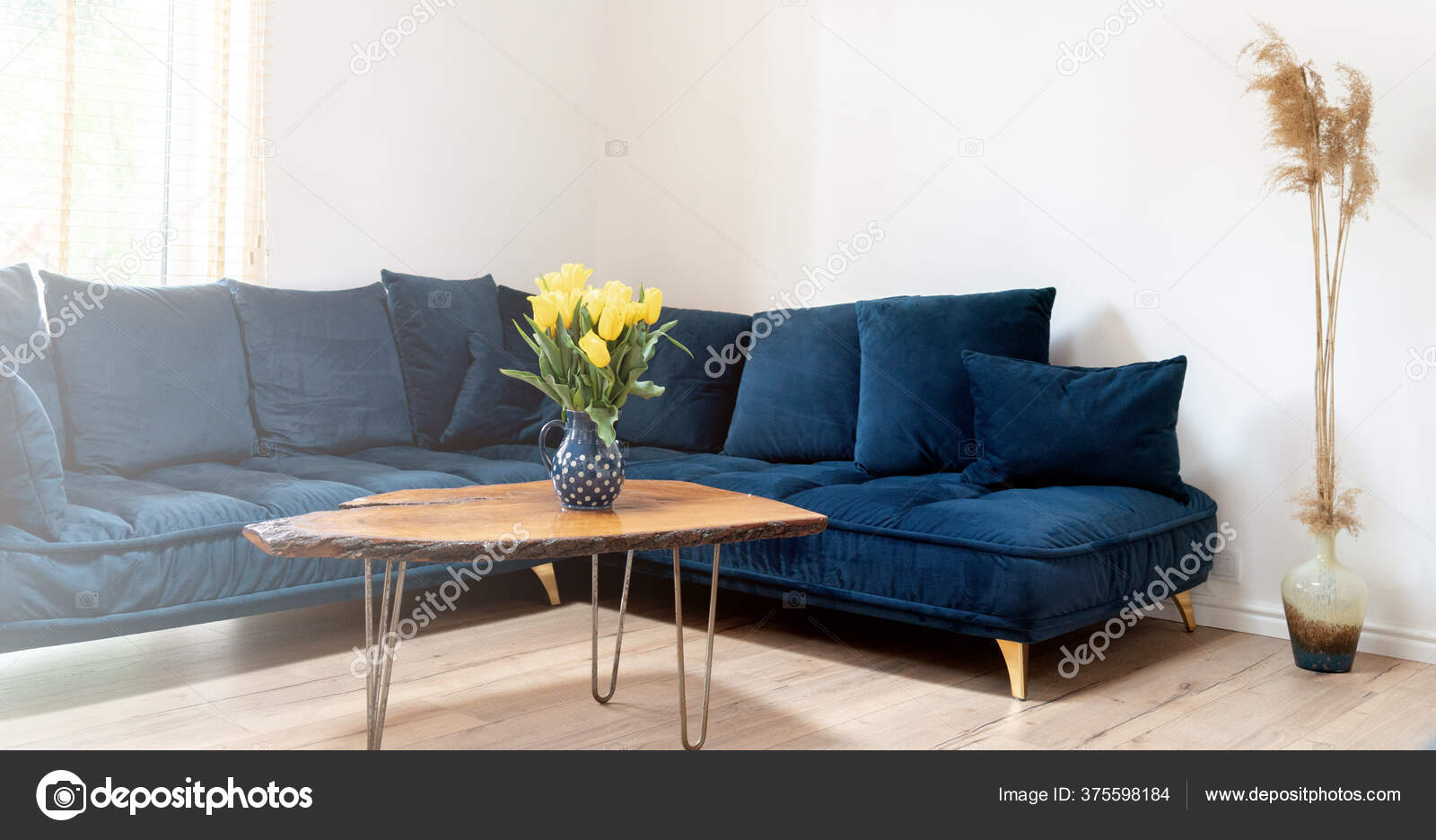 Stylish Boho Living Room Interior, Living Room Decor With Blue Sofa