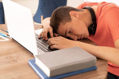 Ödev yapan genç çocuk bilgisayarla odada tek başına oturuyor..