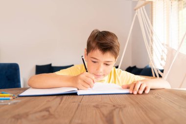 Çocuk evde ders çalışıyor. Öğrenme, ev okulu dersleri. Eğitim çocuk konsepti.