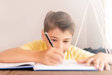 Çocuk evde ders çalışıyor. Öğrenme, ev okulu dersleri. Eğitim çocuk konsepti.