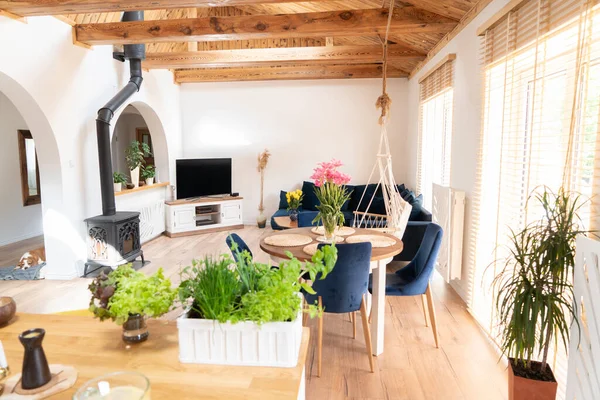 Escandinava Boho Casa Clásica Con Detalles Madera Fotografía Real Interior — Foto de Stock