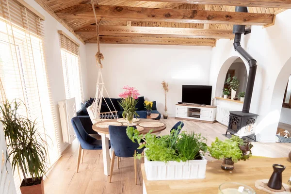 Scandinavian Boho Classic Home Wooden Details Real Photo Cosy Interior — Stock Photo, Image