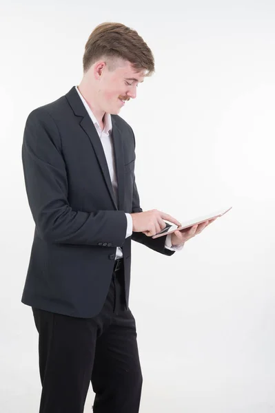 Homem Negócios Trabalhando Com Tablet Fundo Branco — Fotografia de Stock