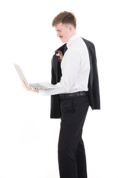 Homem Negócios Com Computador Sobre Fundo Branco — Fotografia de Stock