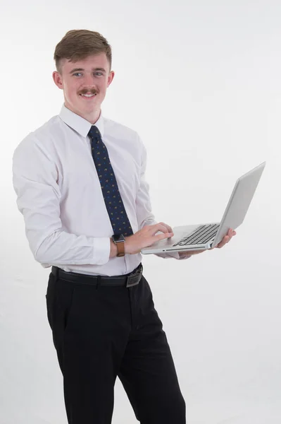 Homem Negócios Com Computador Sobre Fundo Branco — Fotografia de Stock