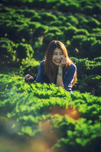 Asia turist kvinna på vegetabiliska gård på angkhang mountain Thaila — Stockfoto