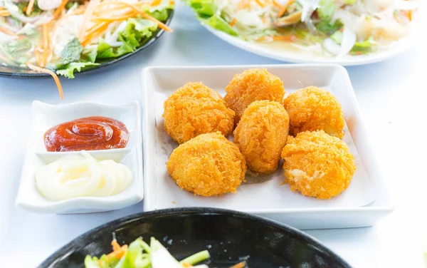 Fried Cheese Croquettes Sauce White Dish Restaurant — Stock Photo, Image