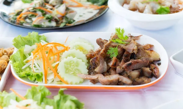 Kor Moo Yang Grilled Slides Pork White Dish Thai Food — Stock Photo, Image