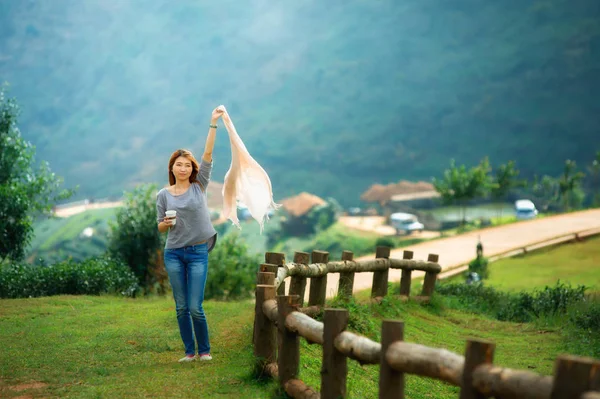 Portret Azjatyckich Turystów Kobieta Punkt Widokowy Tea Garden Doi Angkhang — Zdjęcie stockowe