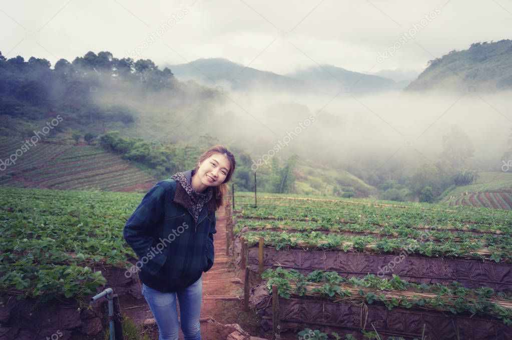 asia tourist woman in strawberry farm on doi angkhang mountain a