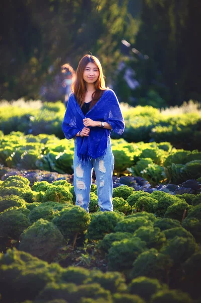 Ásia mulher turística em fazenda vegetal em angkhang montanha Thaila — Fotografia de Stock