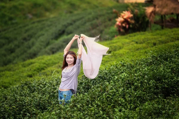 Portret Azjatyckich Turystów Kobieta Punkt Widokowy Tea Garden Doi Angkhang — Zdjęcie stockowe