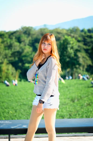 Porträt Einer Schönen Asiatischen Frau Auf Aussichtspunkt Teegarten Chuifong Thailand — Stockfoto