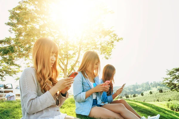 three asia girl use smart phone at chuifong tea garden