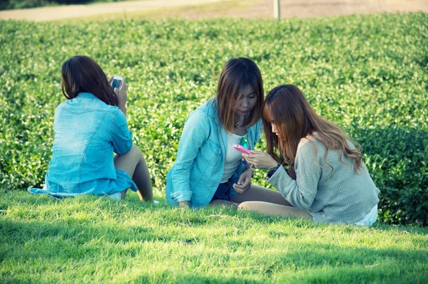 Three asia girl use smart phone at chuifong tea garden — Stock Photo, Image