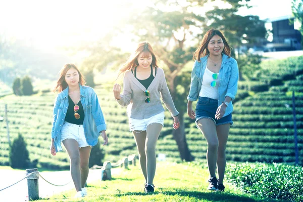 Tre Donne Asiatiche Che Camminano Sull Erba Verde Giardino Del — Foto Stock