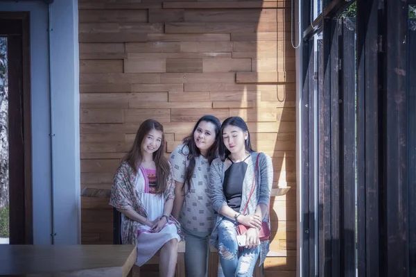 Portrait Three Asia Woman Coffee Shop Window — Stock Photo, Image