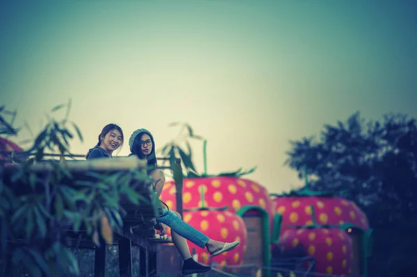 two asia tourism woman posing on bamboo in nature, vintage effect