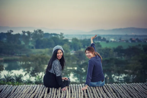 Two Asia Woman Posing View Point Mountrain — Stock Photo, Image