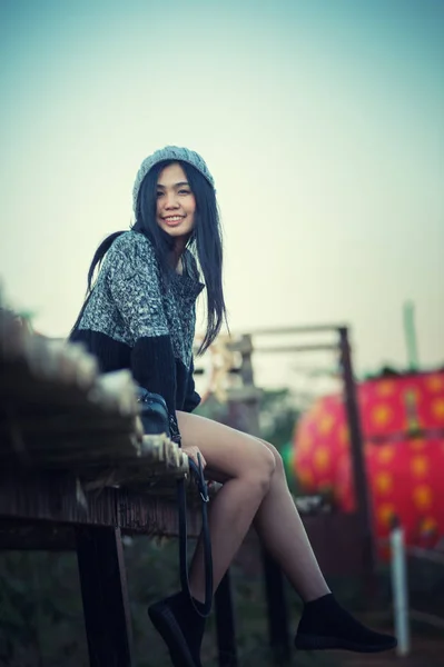 Asia Tourism Woman Posing Bamboo Nature — Stock Photo, Image