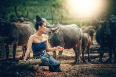 Tayland usulü tarlalarda milli kostüm giymiş güzel Asyalı kadınlar.