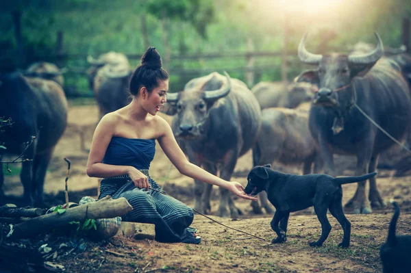 Beautiful Asian women dressed in national costume with buffalo a — Stock Photo, Image