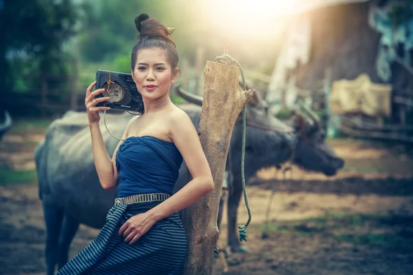 農地で水牛の民族衣装に身を包んだ美しいアジアの女性 タイスタイル — ストック写真
