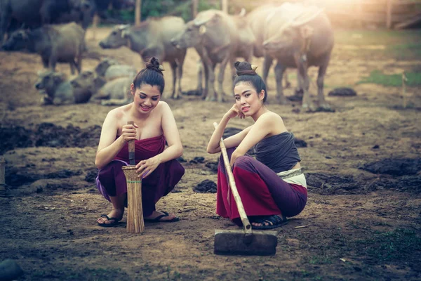 Two Beautiful Asian Women Dressed National Costume Buffalo Farmland Thai — Stock Photo, Image