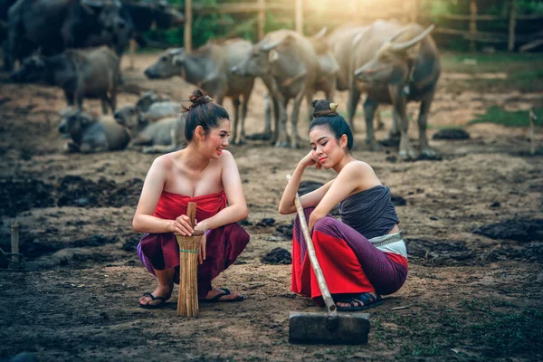 Buffalo Tarım Arazileri Tay Tarzı Ile Ulusal Kostüm Giymiş Iki — Stok fotoğraf