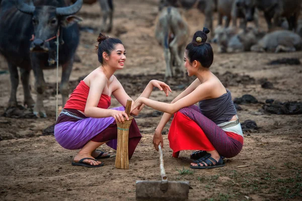 Twee Mooie Aziatische Vrouwen Gekleed Klederdracht Met Buffalo Landbouwgrond Thaise — Stockfoto