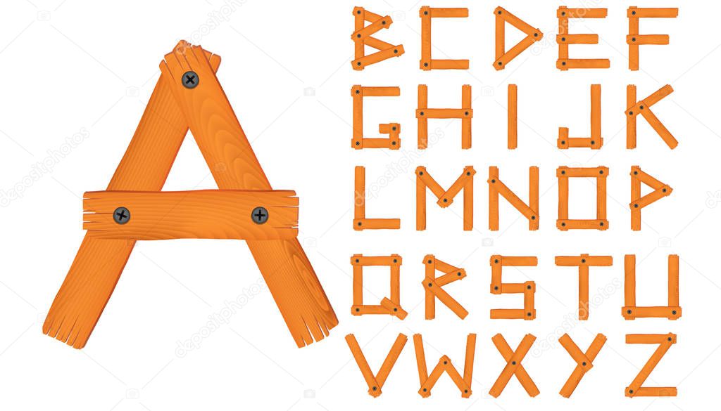 Latin english alphabet from wooden boards with screws