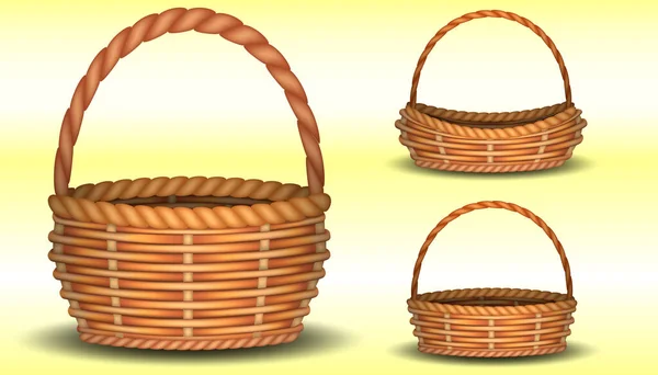 Set Realistic Vector Wicker Baskets Different Shapes — Stock Vector