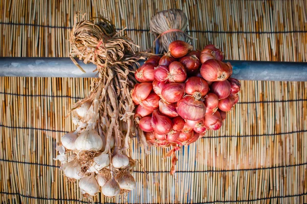 Cibule čerstvá bio červené šalotky a česnek. — Stock fotografie