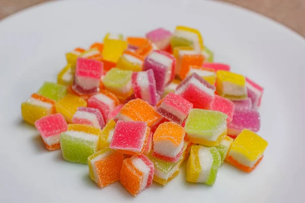 Pile Fruity Gummy Jelly Sweets White Plate Background — Stock Photo, Image