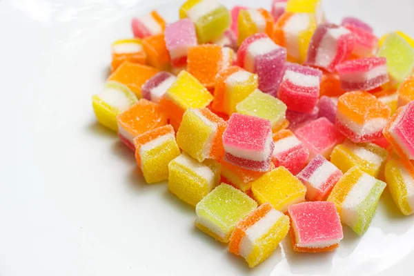 Pile Fruity Gummy Jelly Sweets White Plate Background — Stock Photo, Image