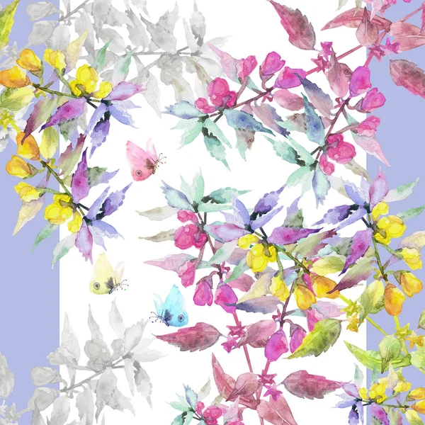 Mooi bloeiende weide zomerbloemen met vlinders, aquarel illustratie, geïsoleerd op witte achtergrond. Stockfoto