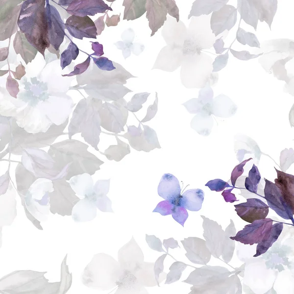 Hermosas flores blancas con mariposa, guirnalda floral. Ilustración pintada a mano en acuarela, aislada sobre fondo blanco . — Foto de Stock