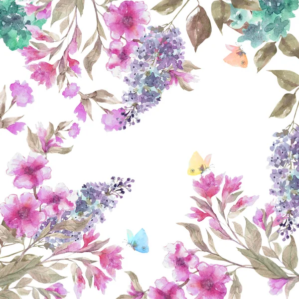 Vacker blommig garland, akvarell våren blommor, handmålad illustration, isolerad på vit bakgrund. Stockbild