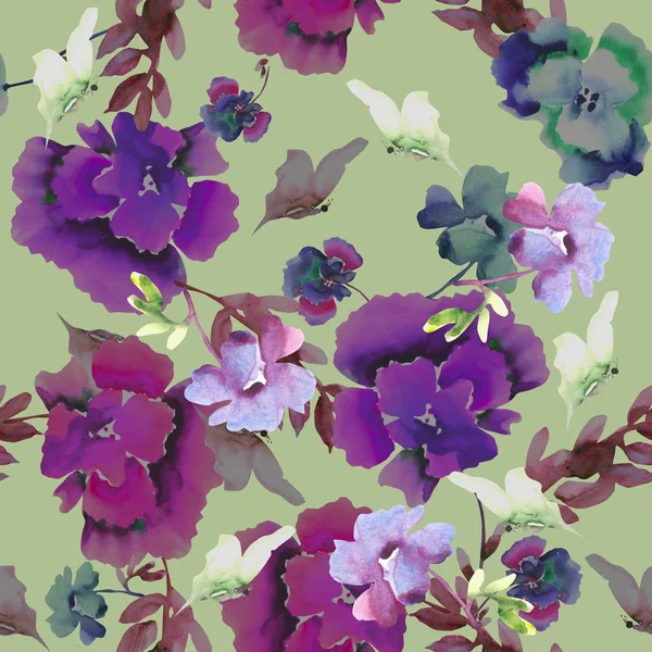 Beau motif floral sans couture. Fleurs printanières colorées avec des papillons . Photo De Stock