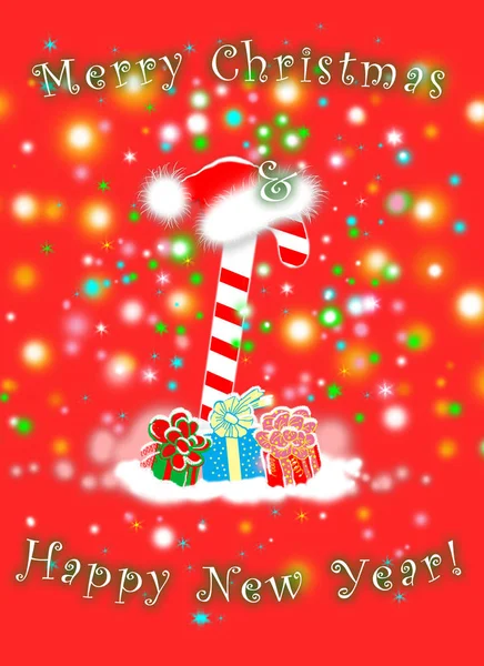 Christmas New Year Postcard Featuring Candy Cane Christmas Hat Present — ストック写真
