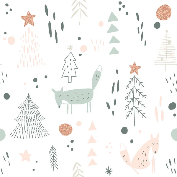 Padrão sem emenda vetor com raposas desenhadas à mão e árvore de Natal —  Vetores de Stock