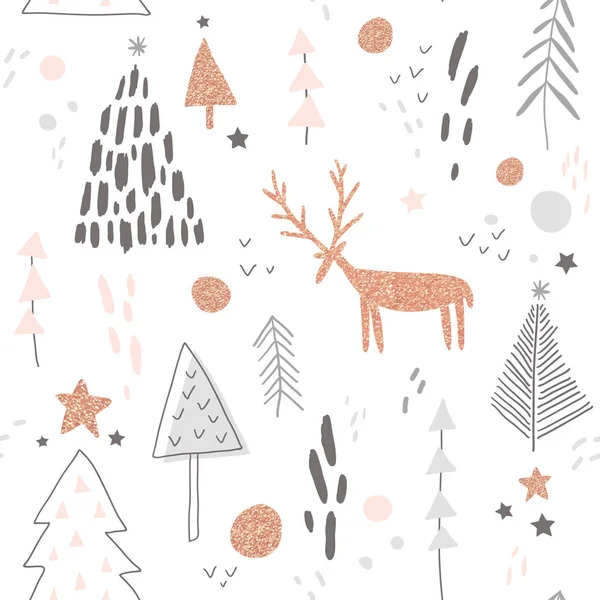 Vetor padrão sem costura com cervos desenhados à mão e árvores de Natal Gráficos Vetores